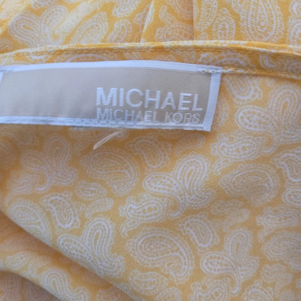Michael Kors Yellow Paisley Blouson Top Boat Neck Grommet Tie Sleeve Blouse